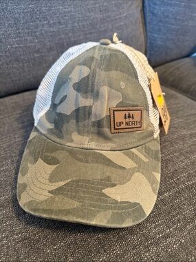 NWT “Up North” Camo Trucker Hat - Olive Green